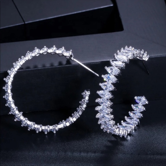 New Women’s Marquise Cut Diamond Hoop Earrings - Picture 3 of 5